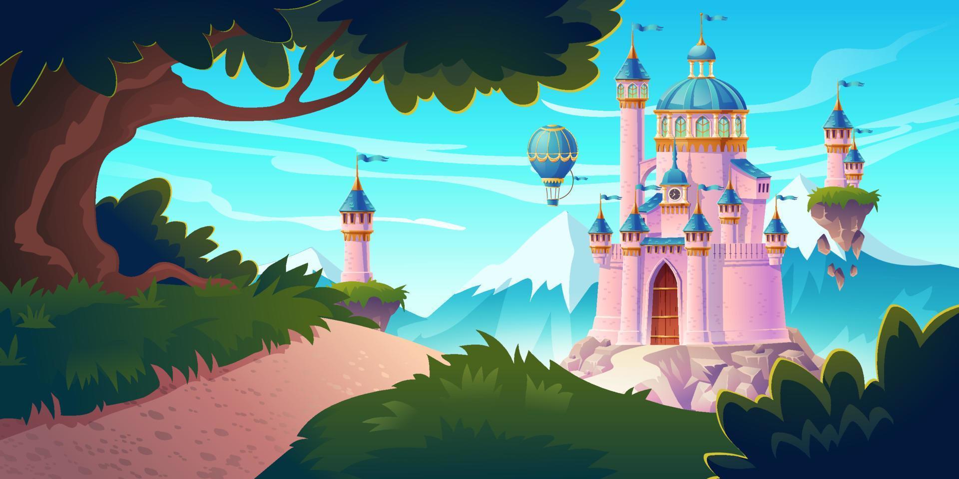 Pink magic castle princess or fairy palace on rock vector