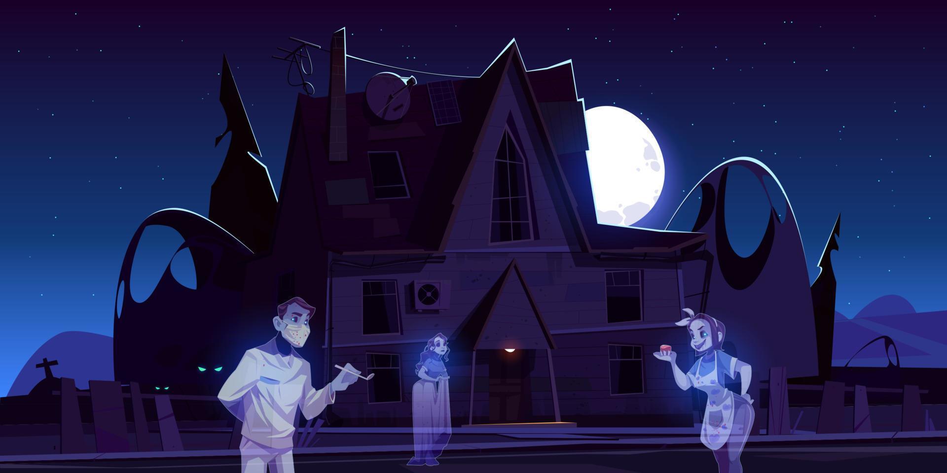 Scary old house with ghosts and cemetery at night vector