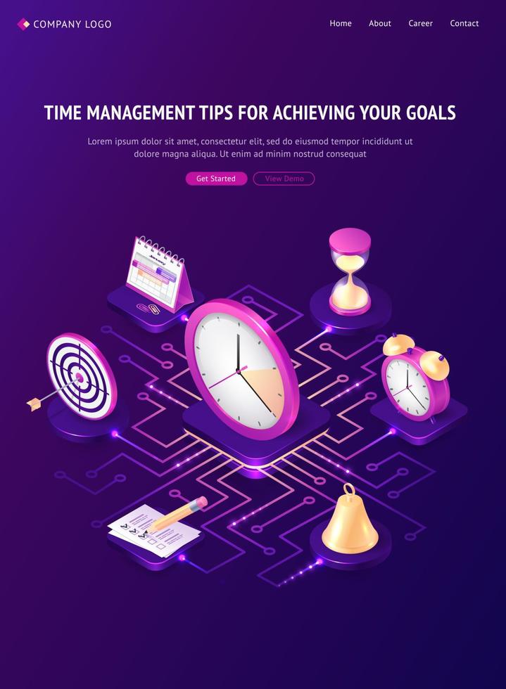 Time management tips isometric landing page banner vector