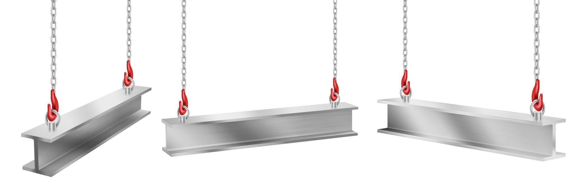 Steel beams hanging on chains with hooks set. vector