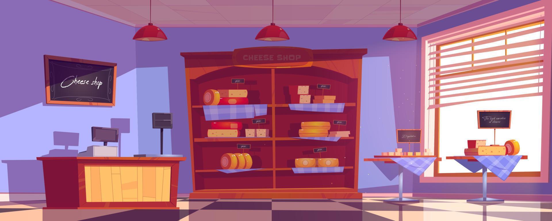 Empty cheese shop interior with tables and shelves vector