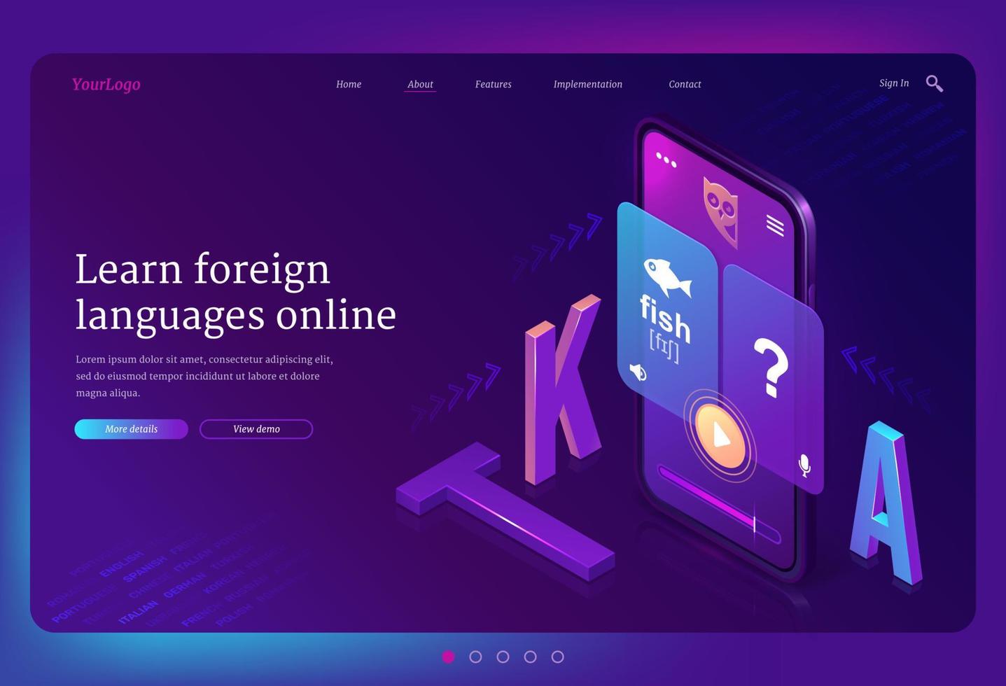 Online foreign language learn isometric landing vector