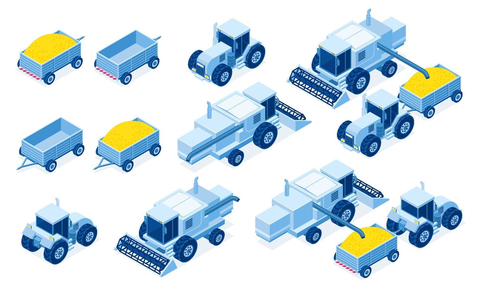 Isometric tractor and agricultural machinery vector