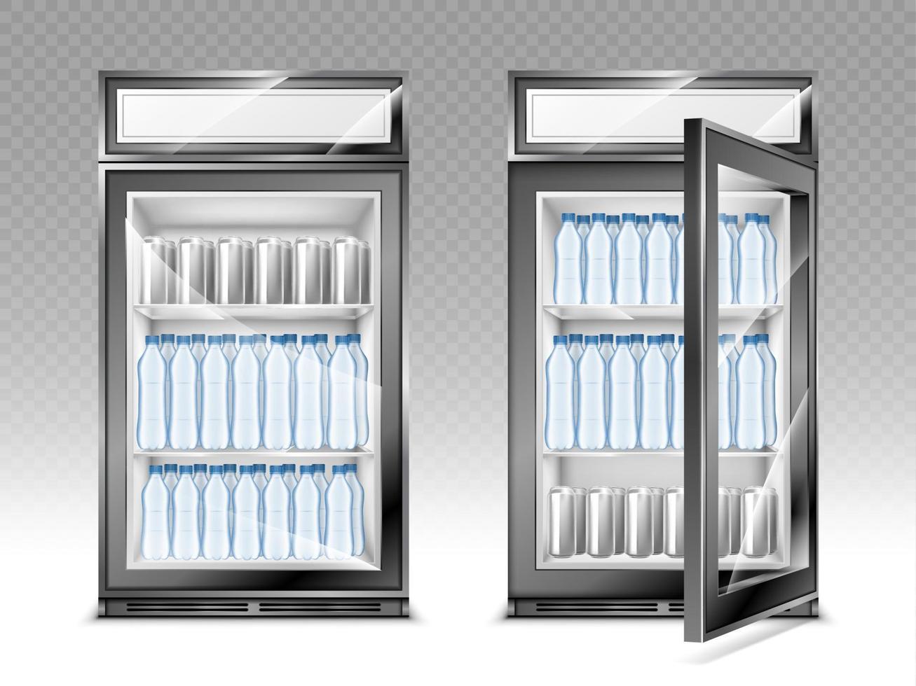 Mini refrigerator with water bottles on shelves vector