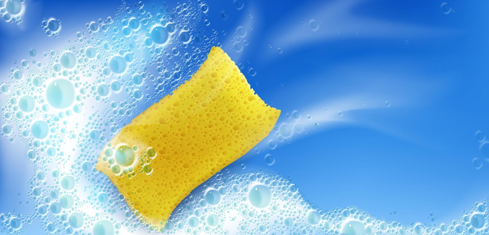 Cleaning foam with yellow sponge and bubbles. vector