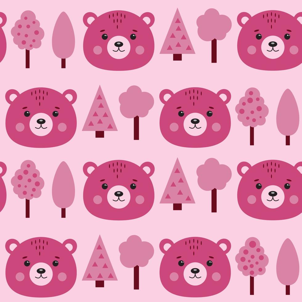Seamless pattern with bears and trees in pink color. vector