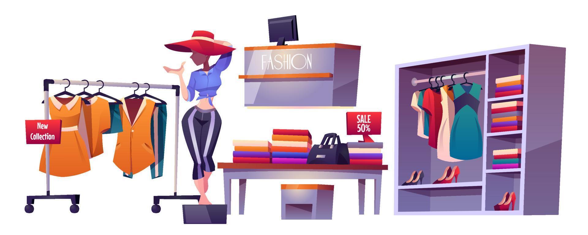 Fashion store, cloth shop interior isolated stuff vector