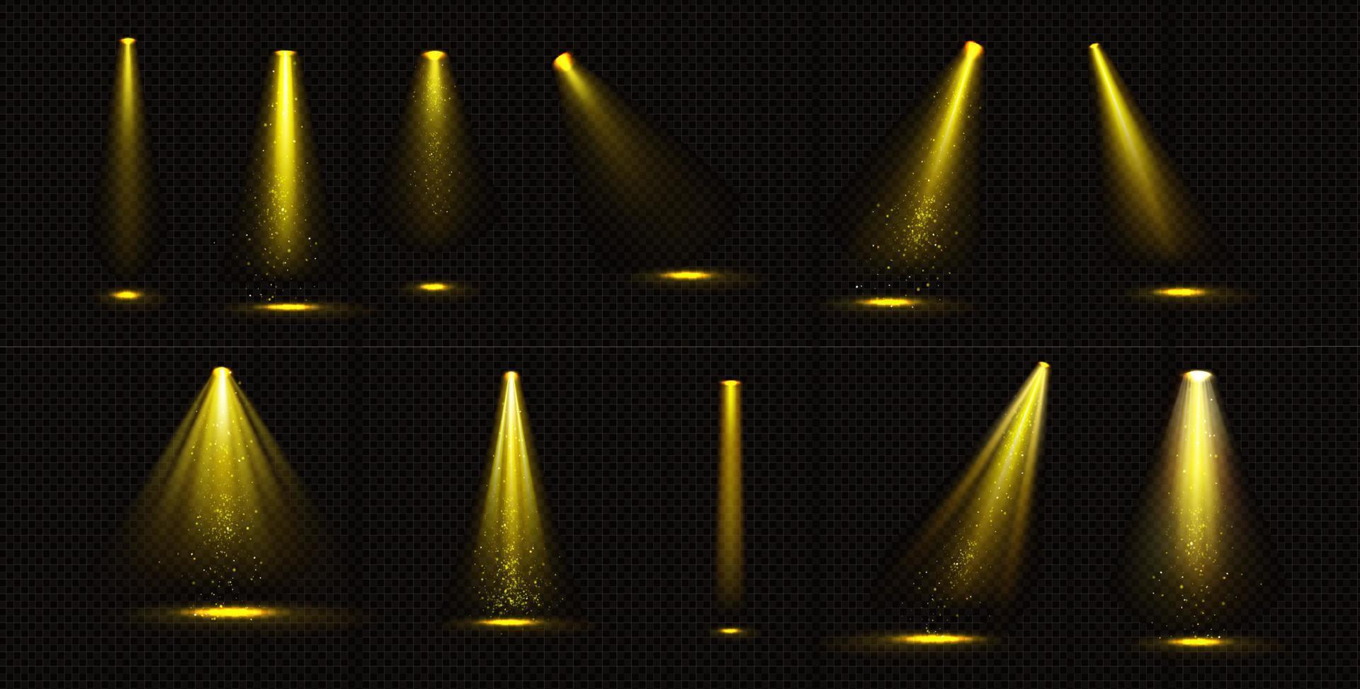 luces de escenario, haces amarillos con destellos dorados vector