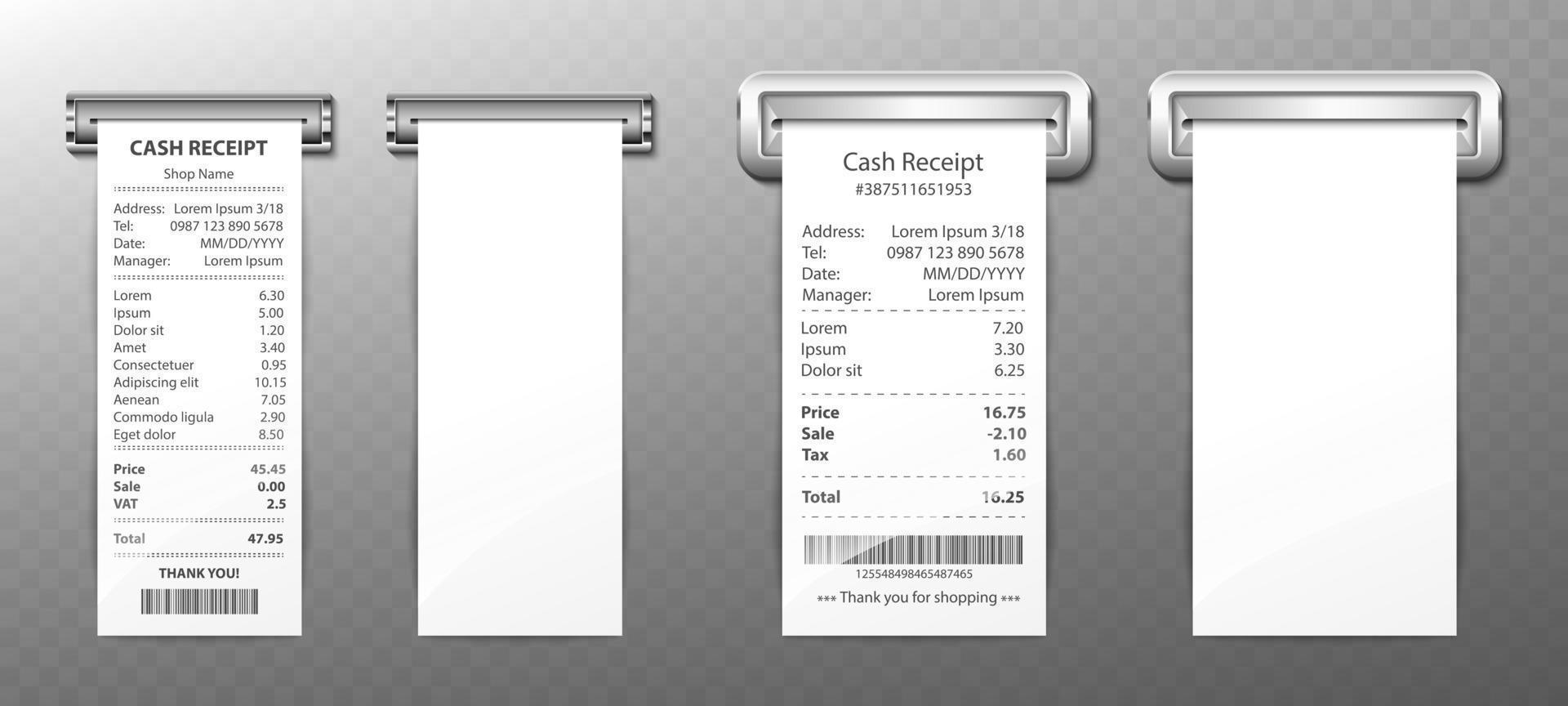 Cash receipt out of sloth, paper bill, invoice set vector