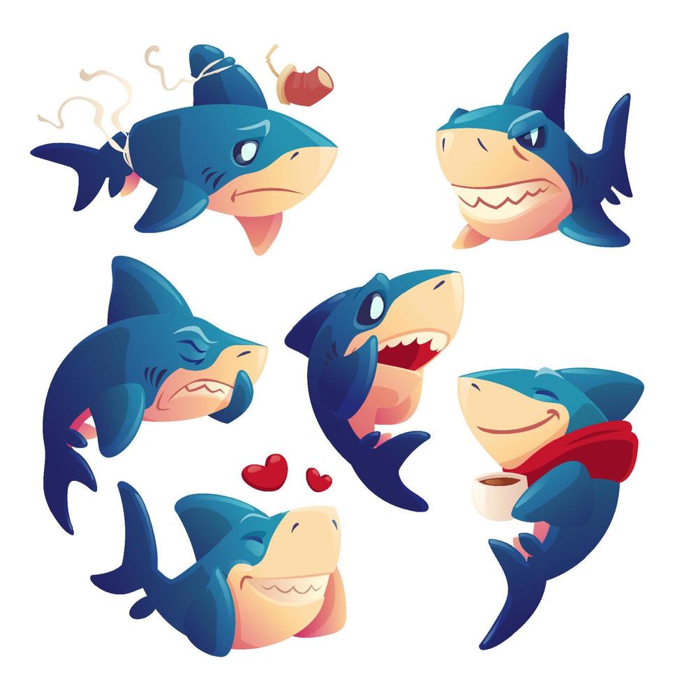 lindo personaje de dibujos animados de tiburones, mascota divertida de peces vector