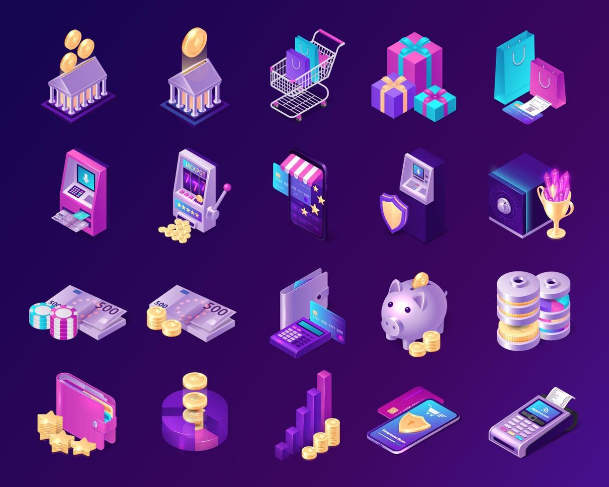 Isometric finance icons with money, bank and atm vector
