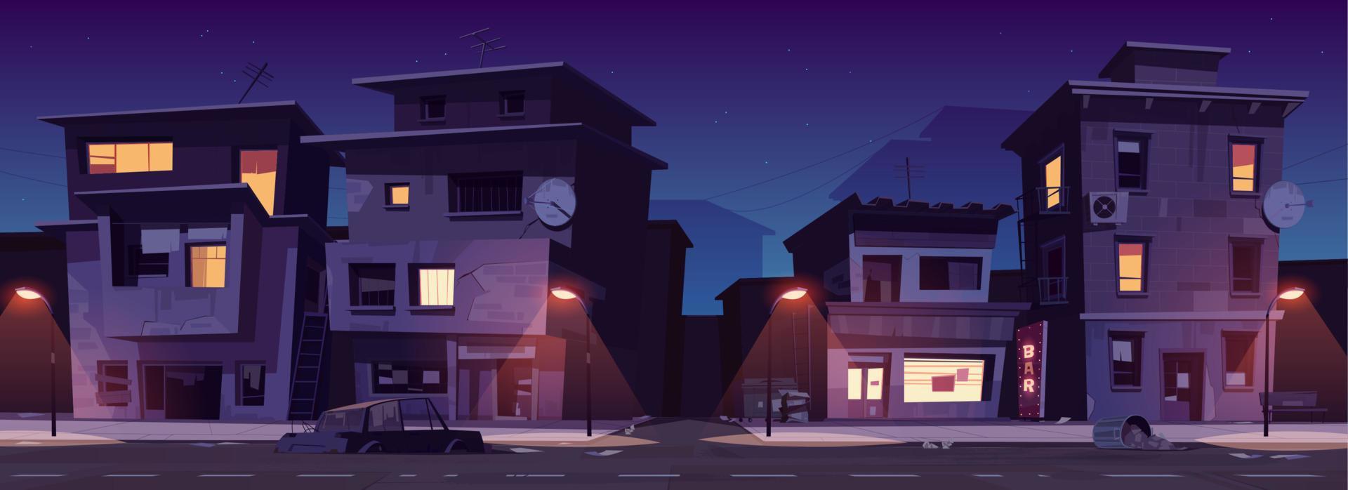 Ghetto street at night, slum abandoned houses vector