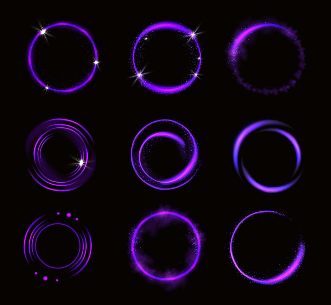 Glowing purple circles with sparkles, round frames vector