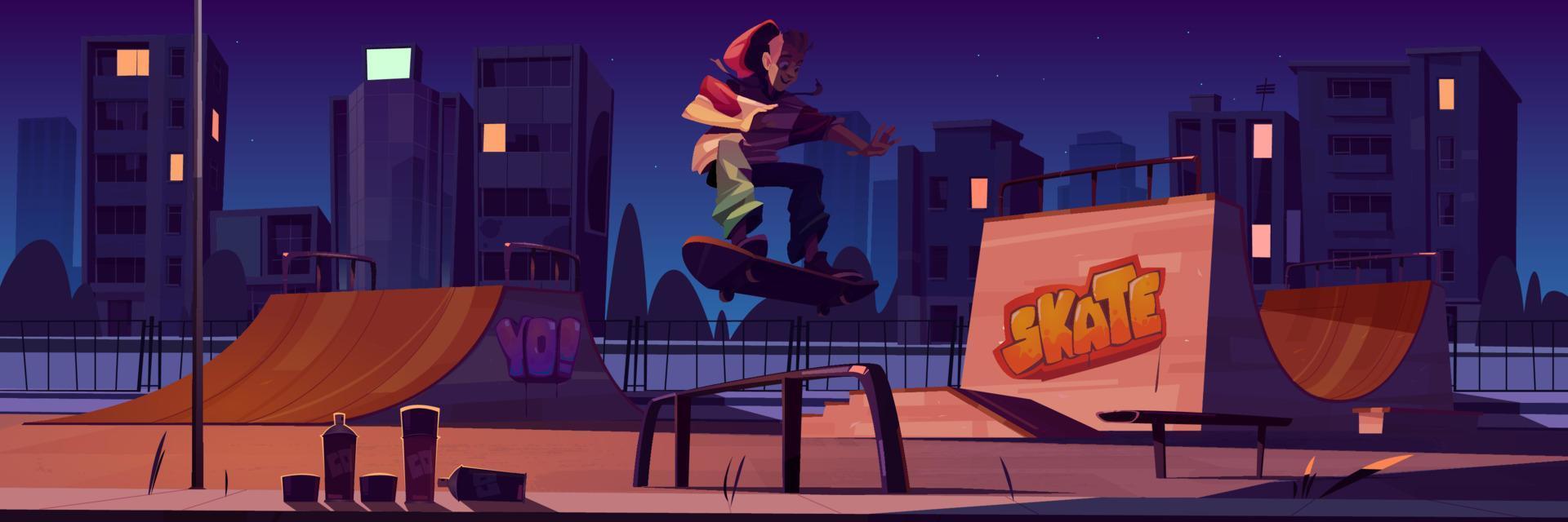 Skate park with boy riding on skateboard at night vector