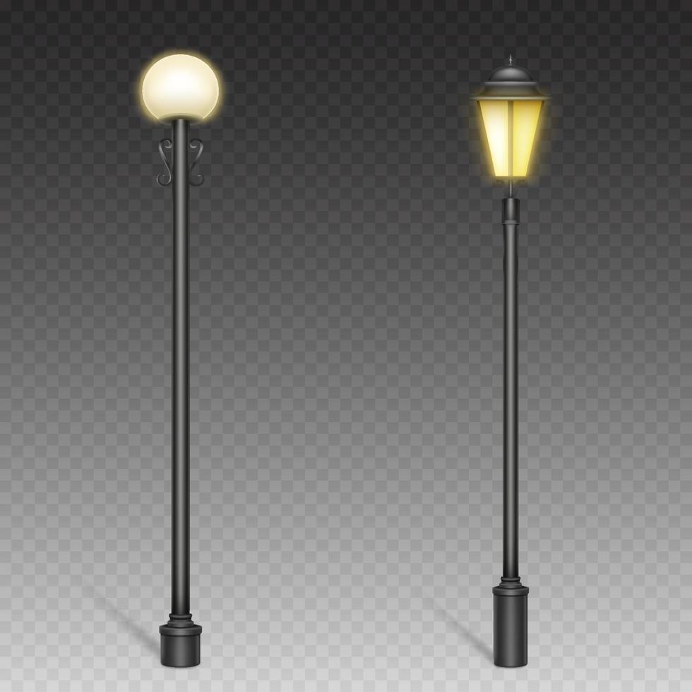 Vintage street lights, lampposts on steel poles vector