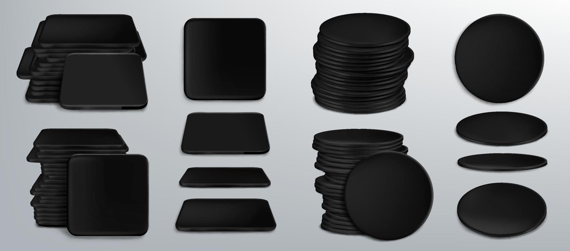 Black coasters for beer cups or tankards 3d set vector