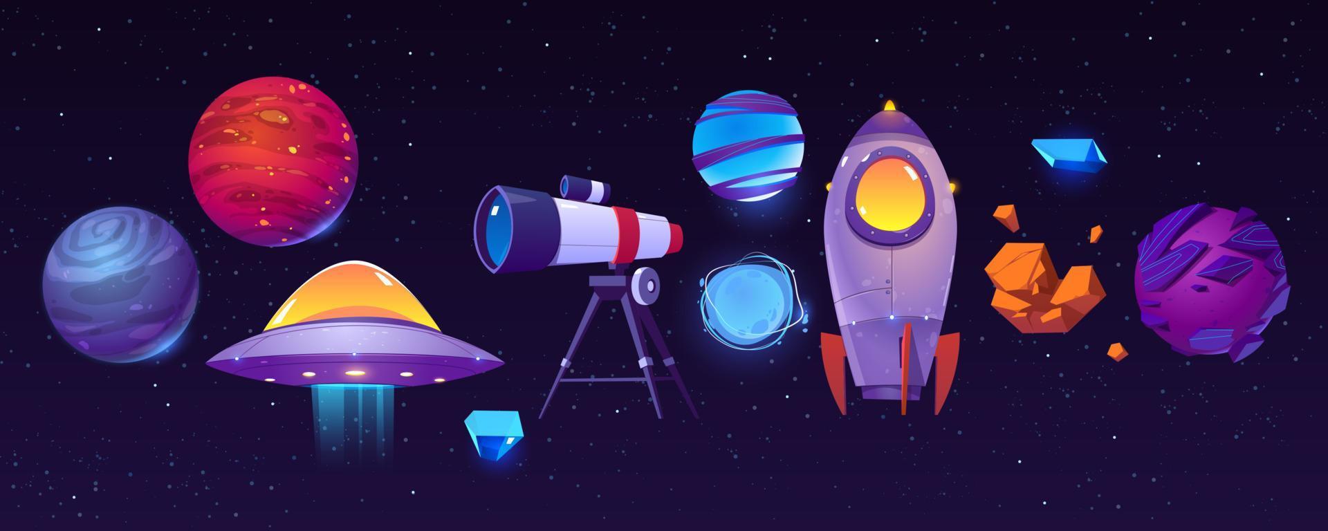 iconos de exploración espacial, planetas, cohetes, telescopio vector
