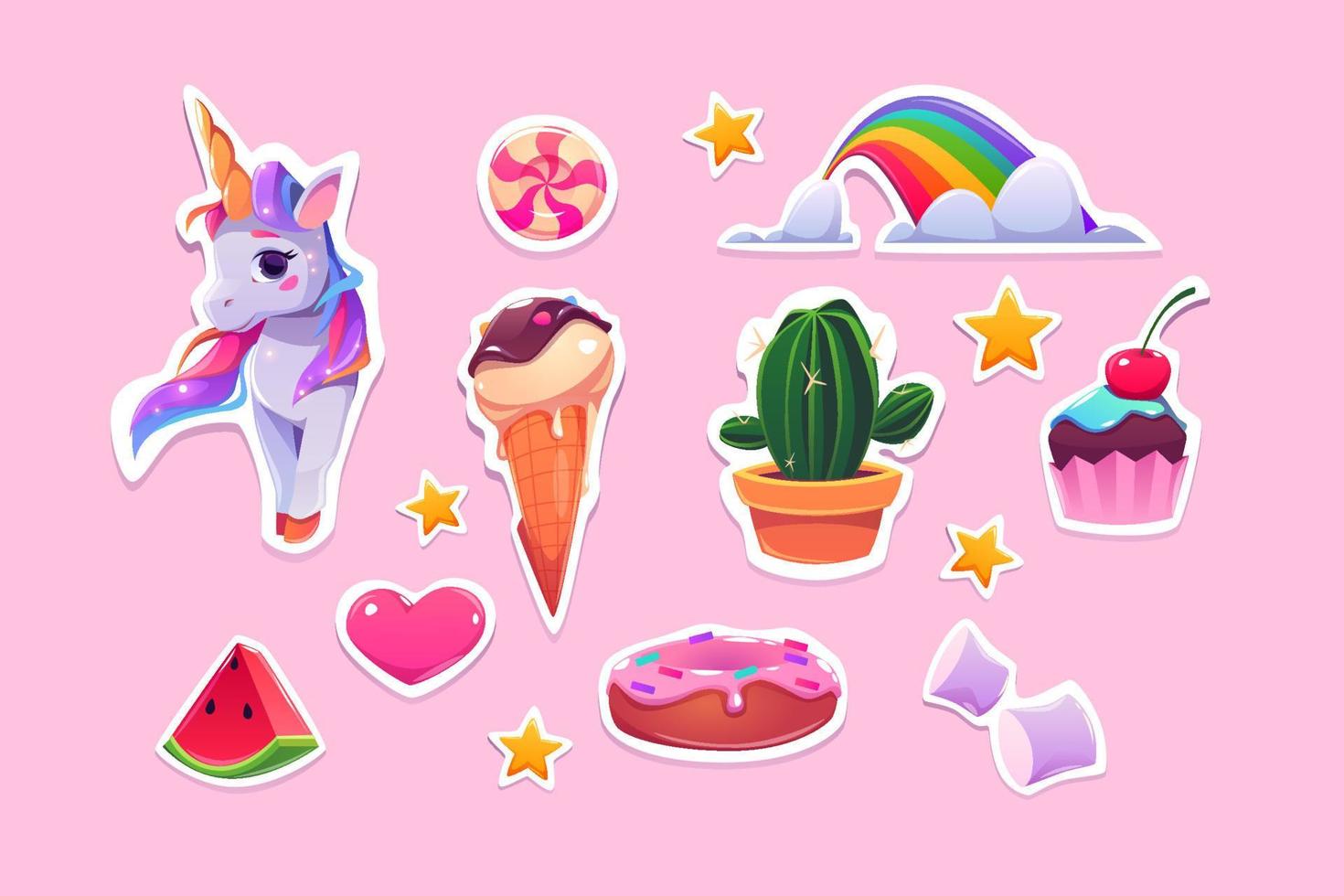 Cute stickers for girls cartoon unicorn, ice cream vector