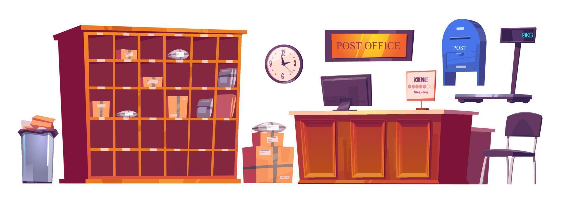 Post office interior stuff and furniture set. vector