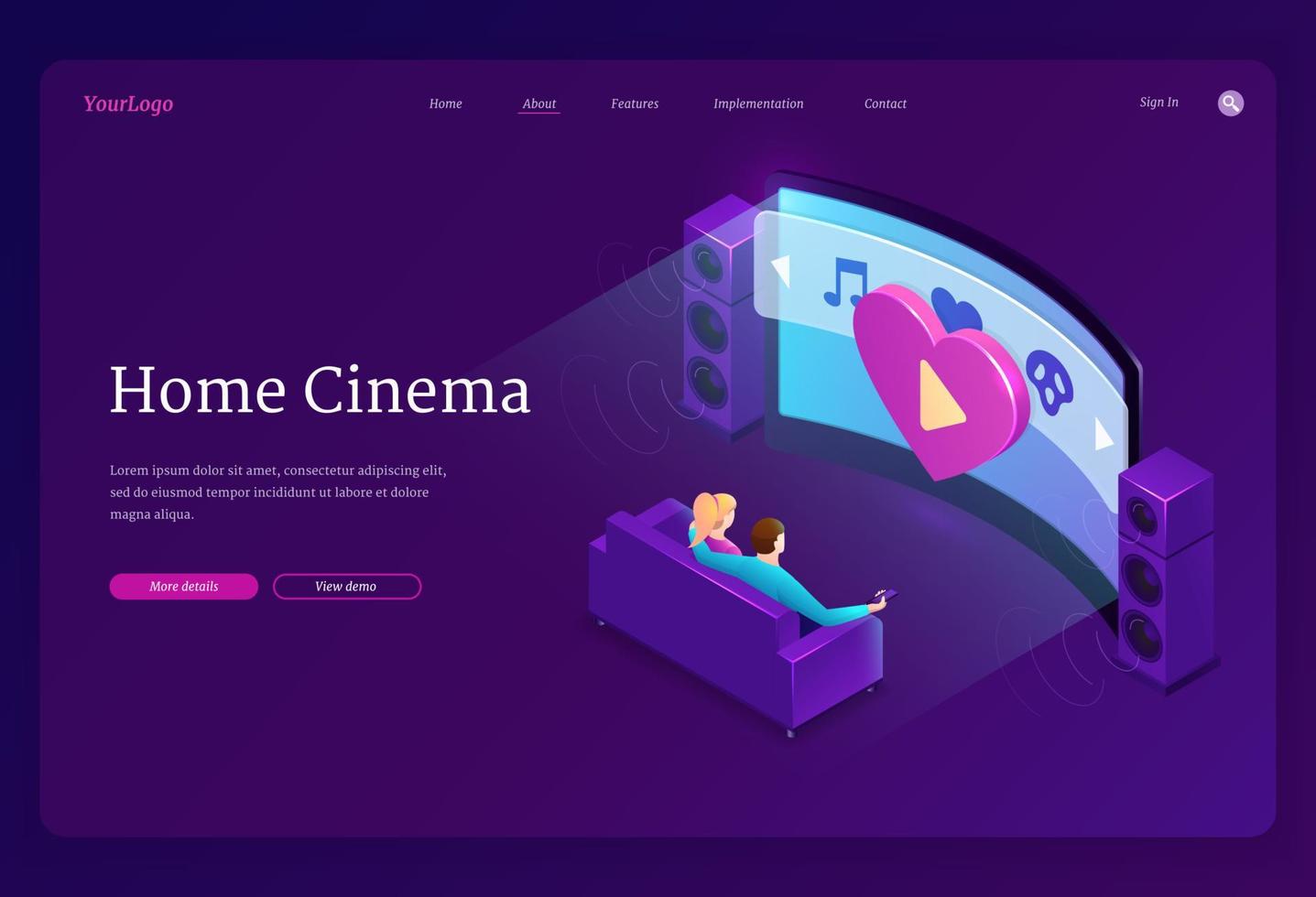 página de inicio isométrica de cine en casa, banner web 3d vector