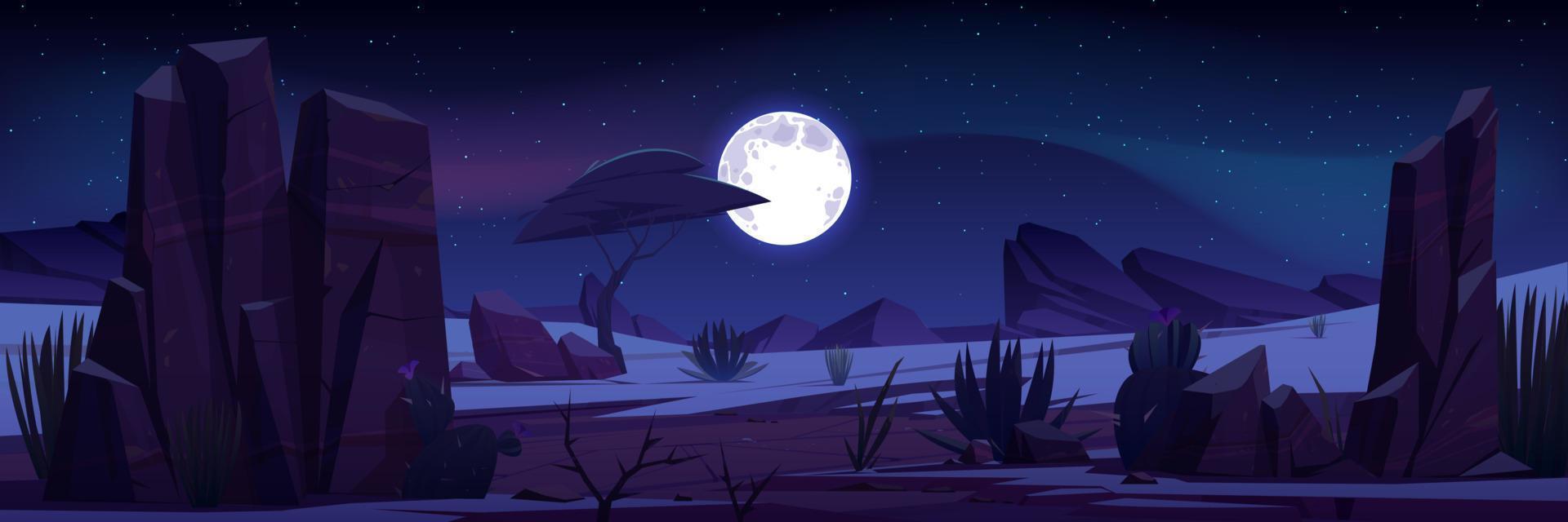 paisaje desértico con rocas y cactus en la noche vector