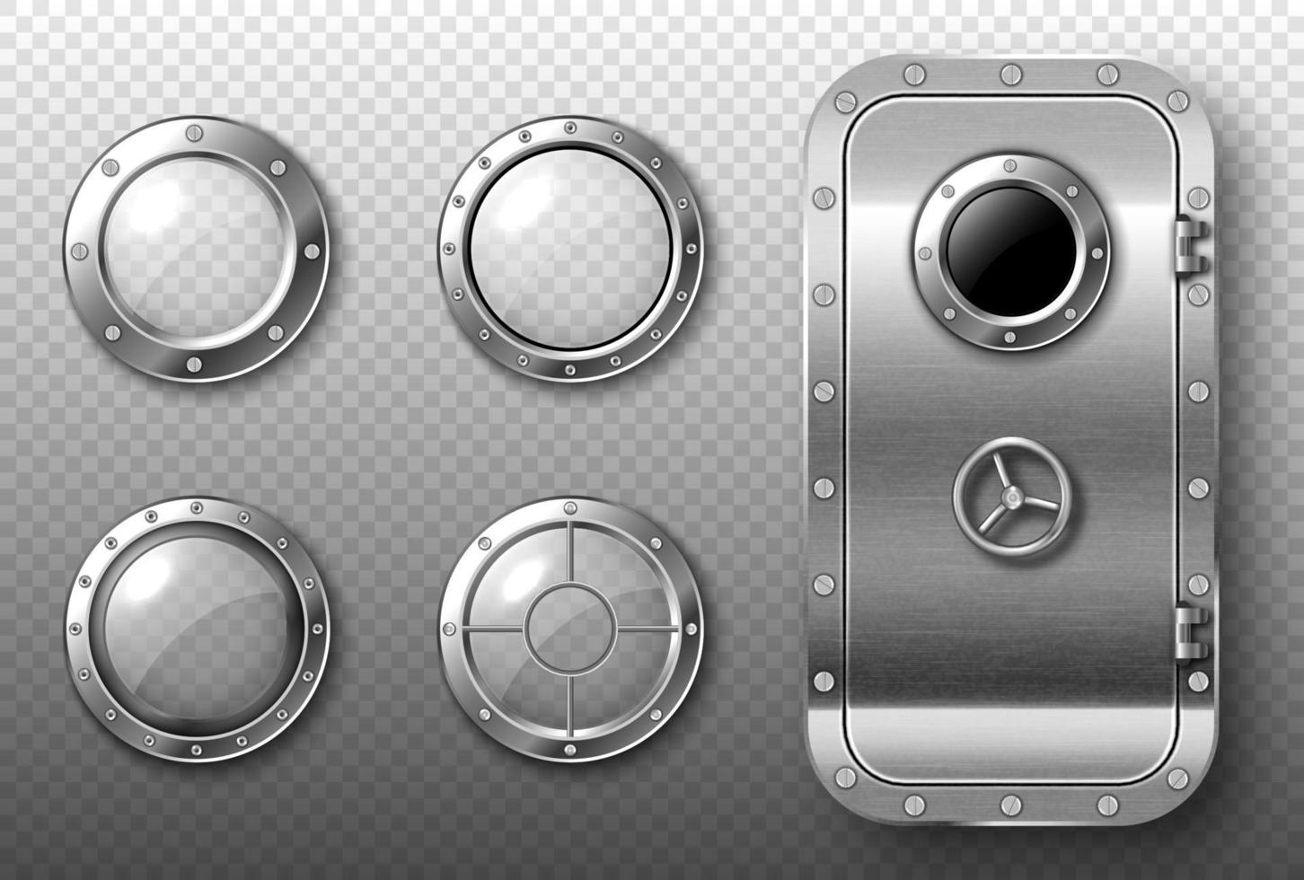 Portholes and metal door in spaceship or submarine vector