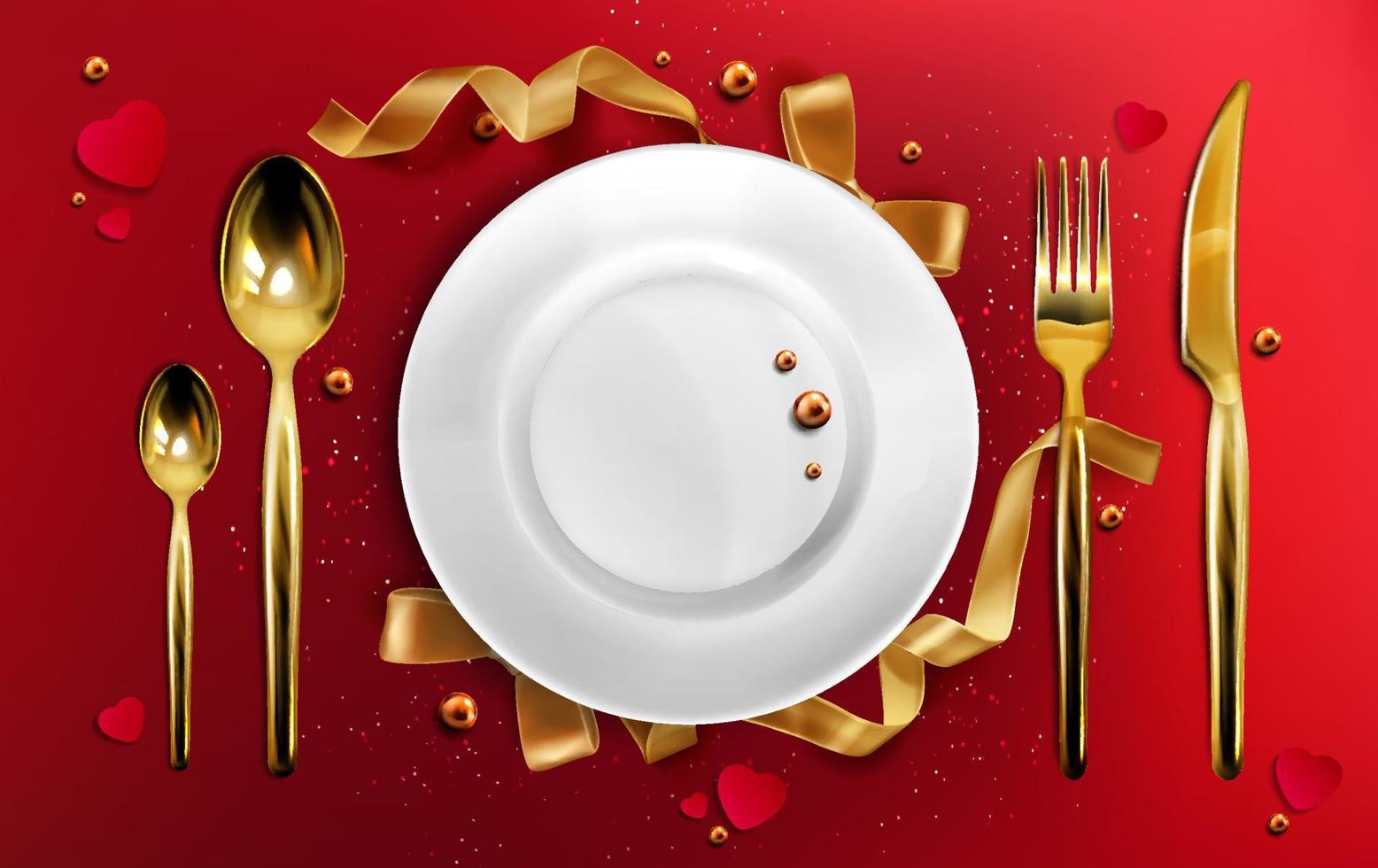 Golden cutlery and plate top view christmas dinner vector