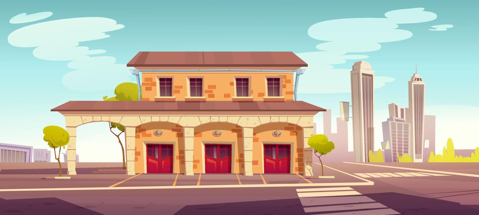 Fire station building with closed red gates vector