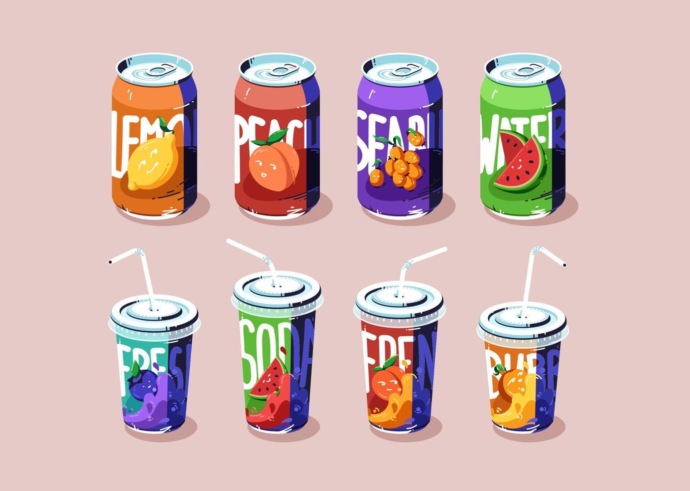 juego de tazas y latas de refresco, bebidas de varios sabores vector
