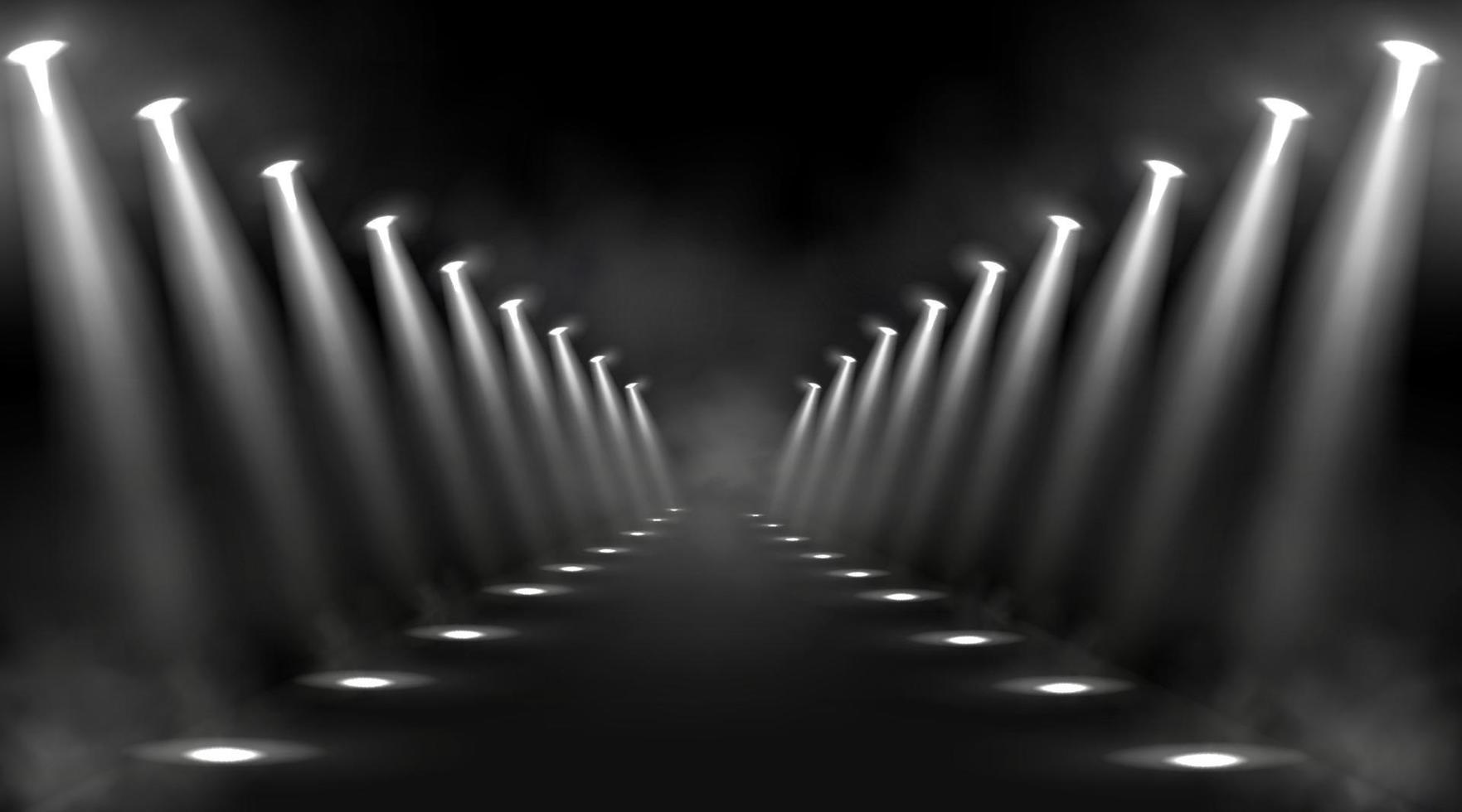 Spotlights background, glowing stage light beams vector