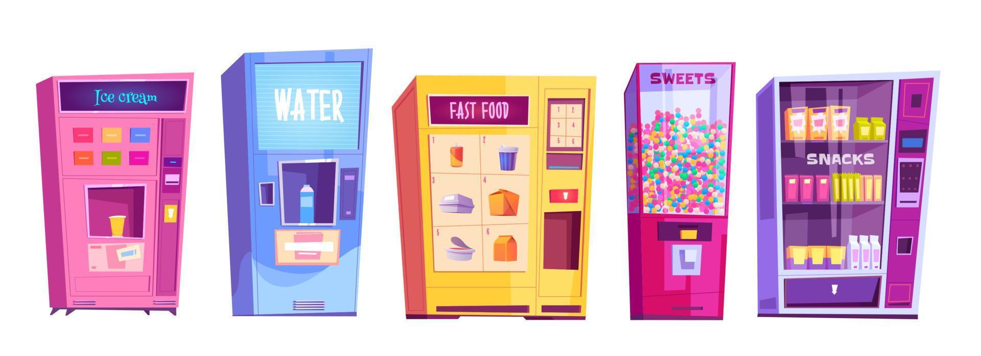 máquinas expendedoras de snacks, comida rápida, agua vector