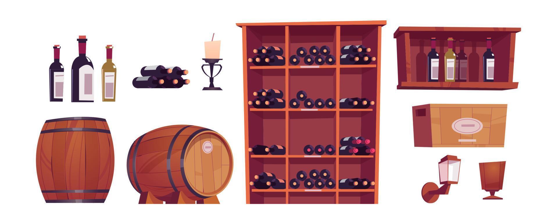 Wine bottles and barrels in winery cellar vector