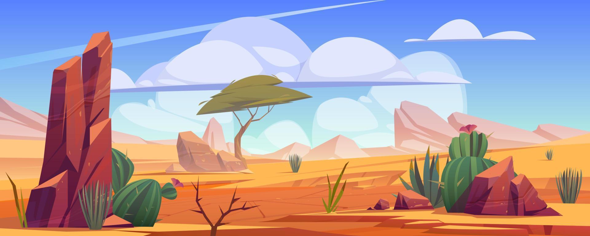 Desert landscape with rocks, tree and cactuses vector