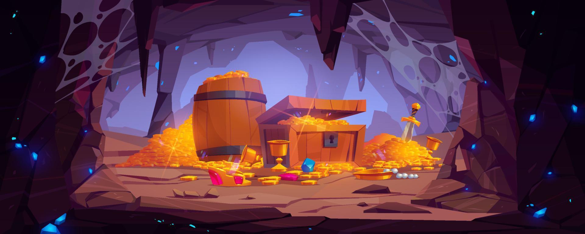 Treasure cave with gold coins in chest and barrel vector