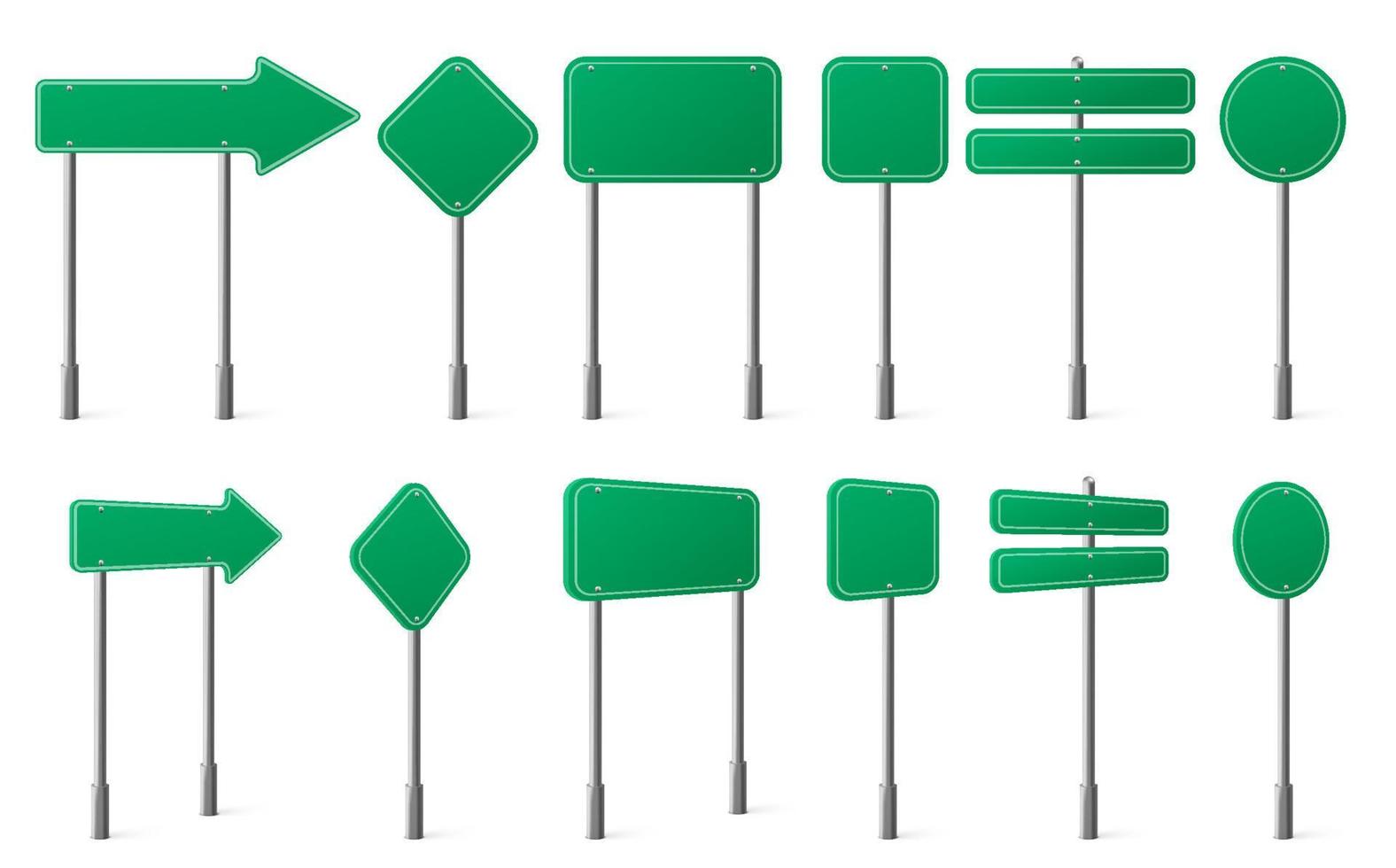 señales de carretera verde de diferentes formas en un poste de metal vector