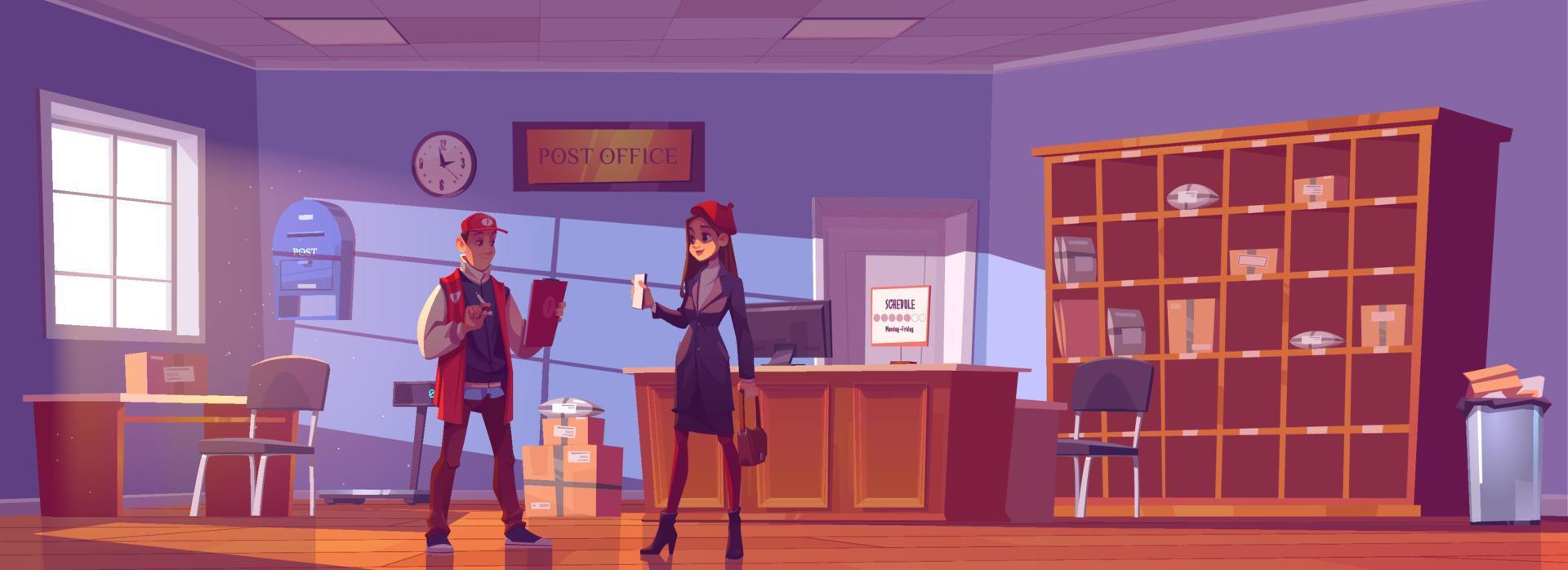 Woman visit post office, mail delivery service vector