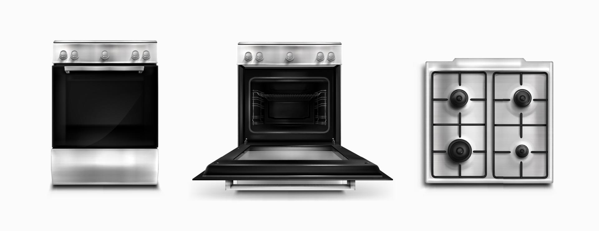 Oven, electric and gas kitchen appliances top view vector
