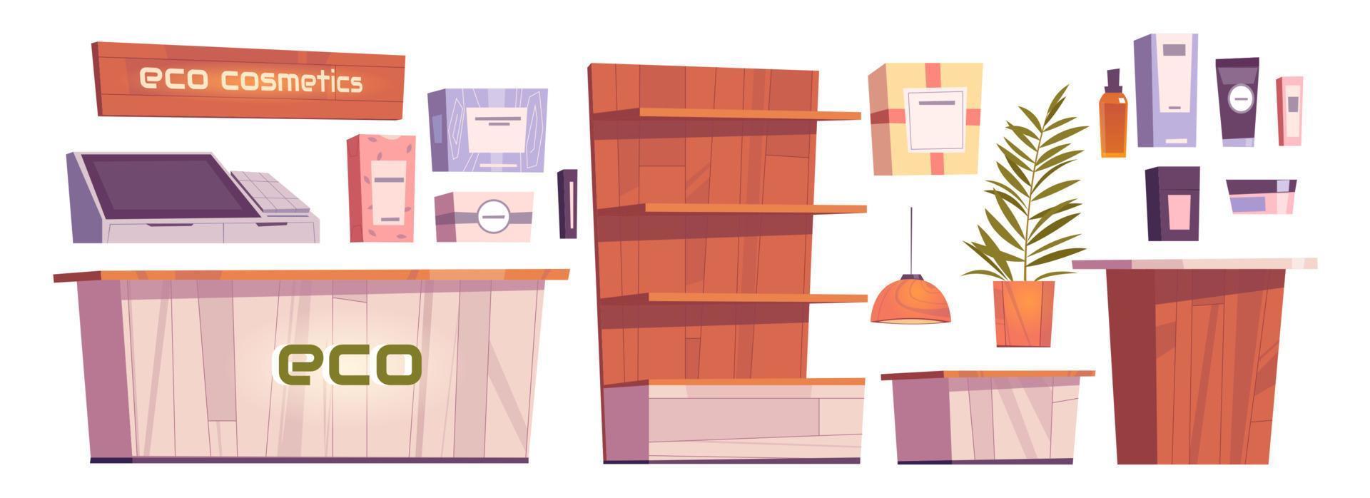 Eco cosmetics store interior stuff and furniture vector