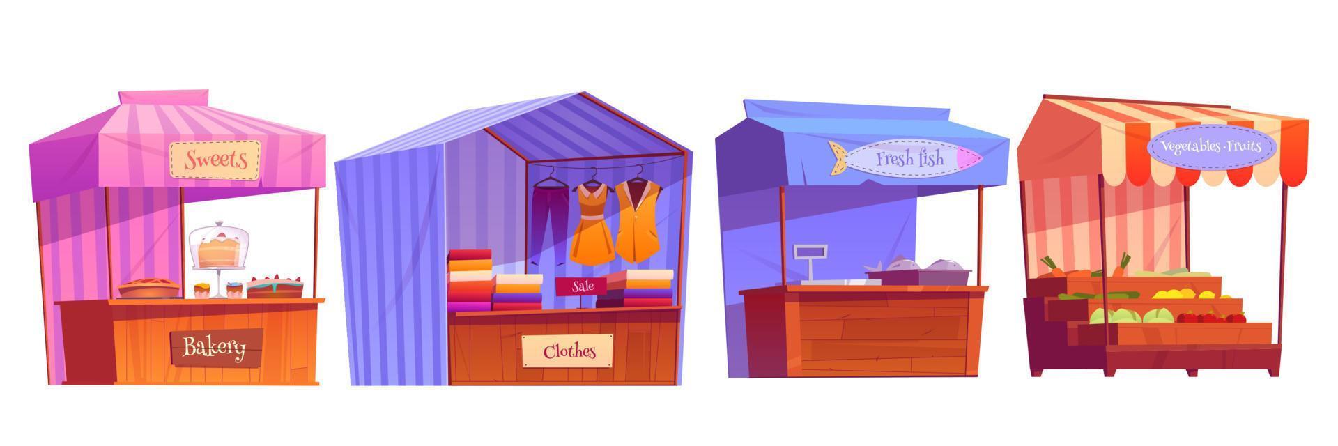 Market stalls, fair booths, kiosk with awning set vector