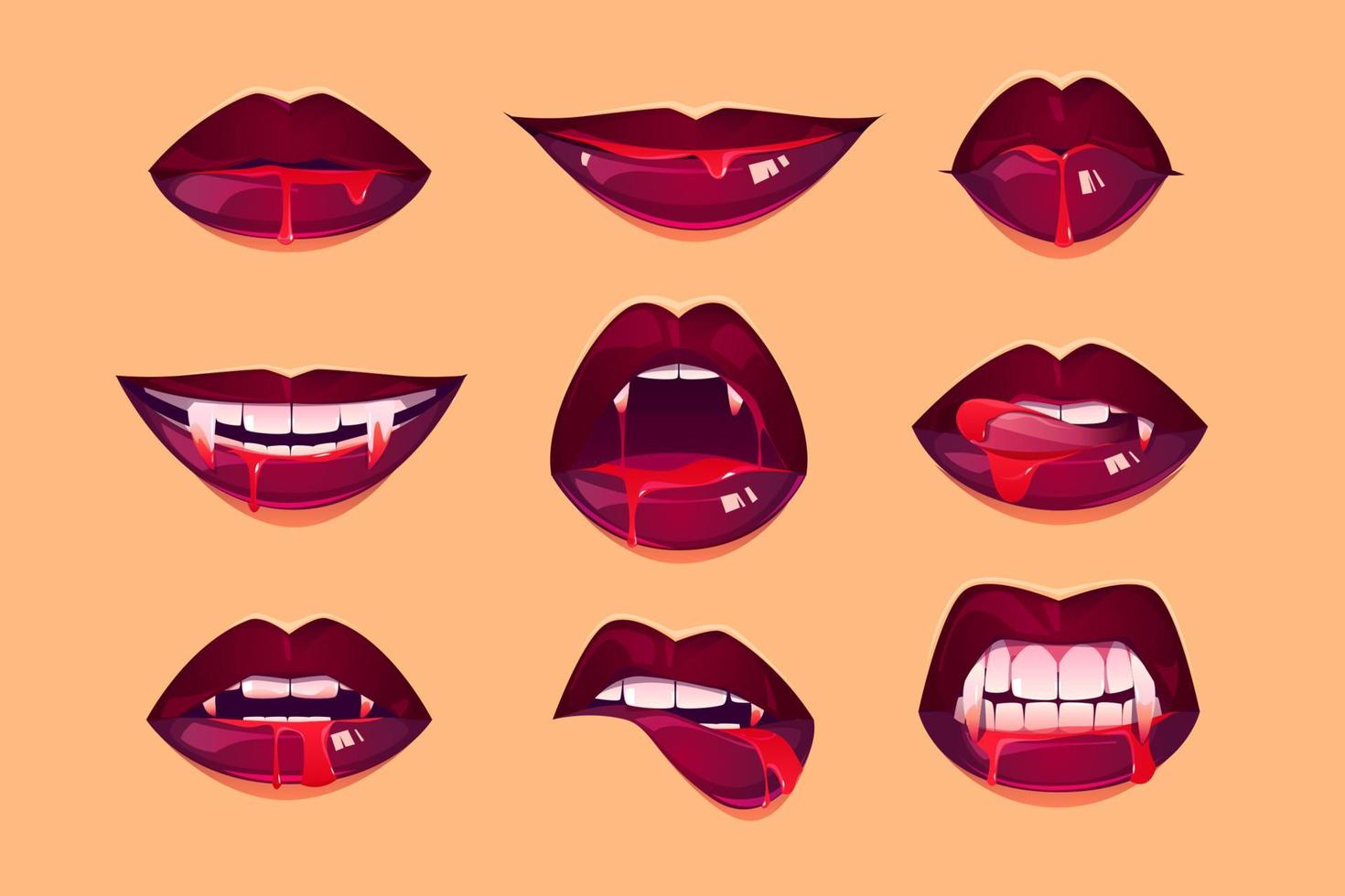 Vampire mouth with fangs set, female red lips vector