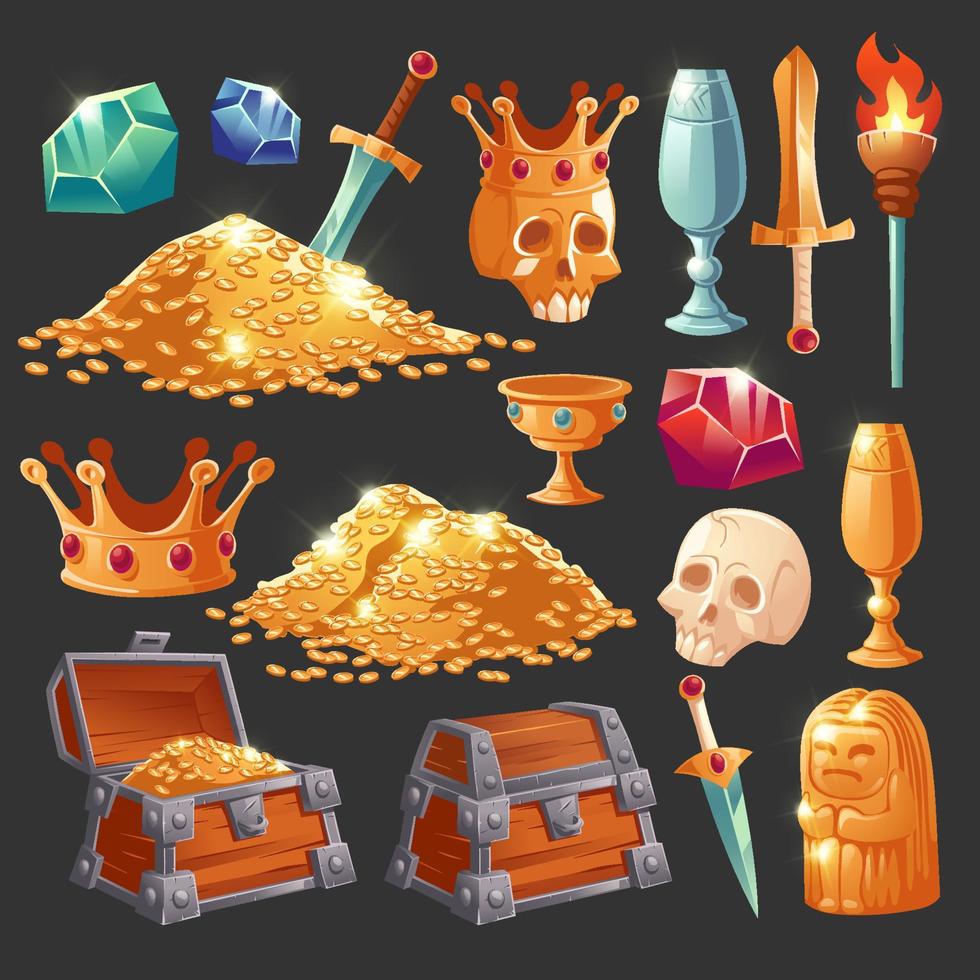 Cartoon treasure chest with golden coins icons set vector