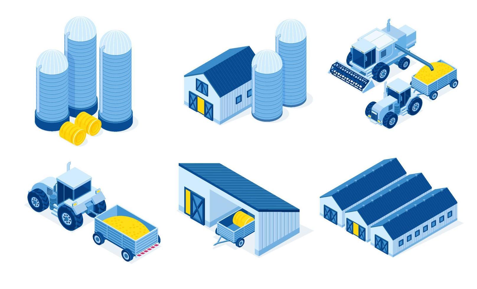 Isometric storehouse and agricultural machinery vector
