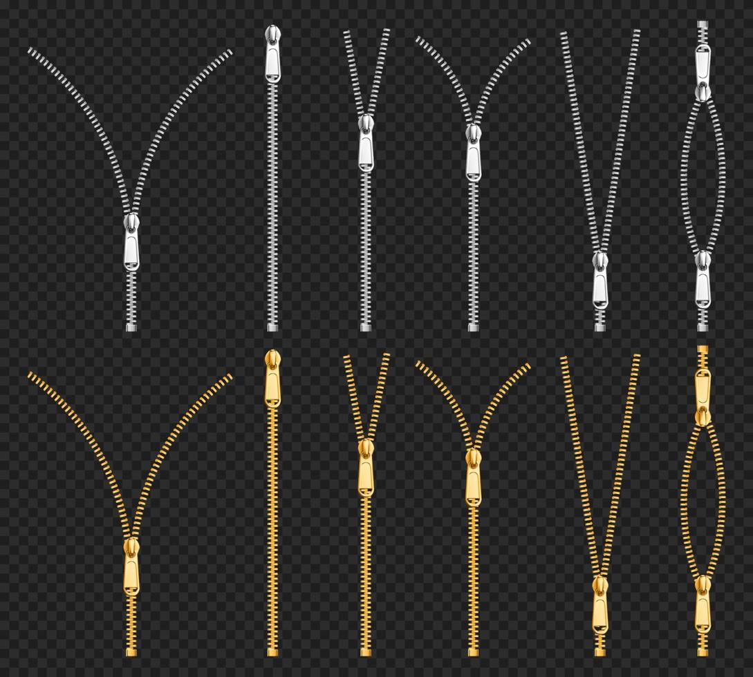 Metal zip fasteners, zippers puller set vector