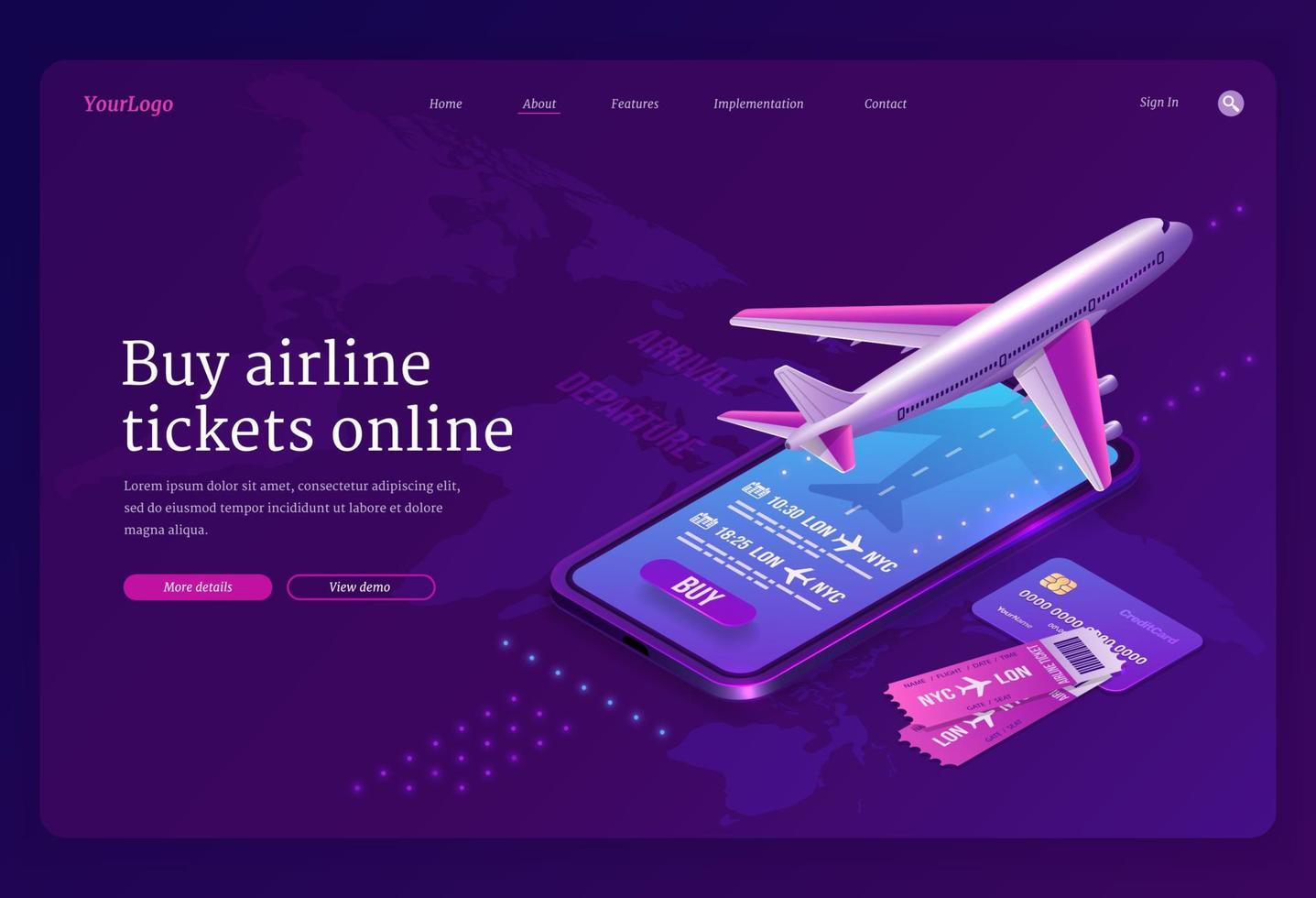 Buy airline ticket online isometric landing page vector