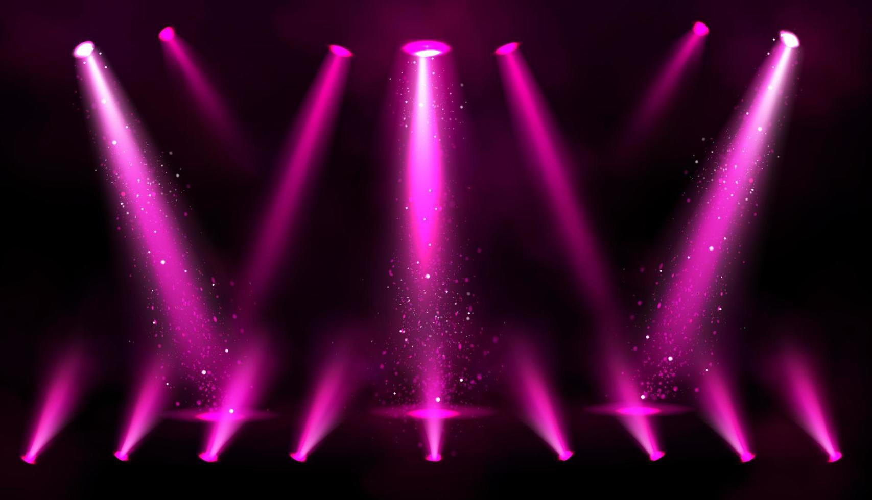 Stage lights, pink spotlight beams with sparkles vector