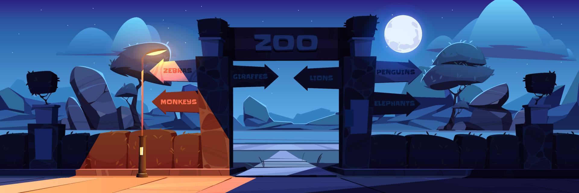 ilustración vectorial de la entrada del zoológico por la noche vector