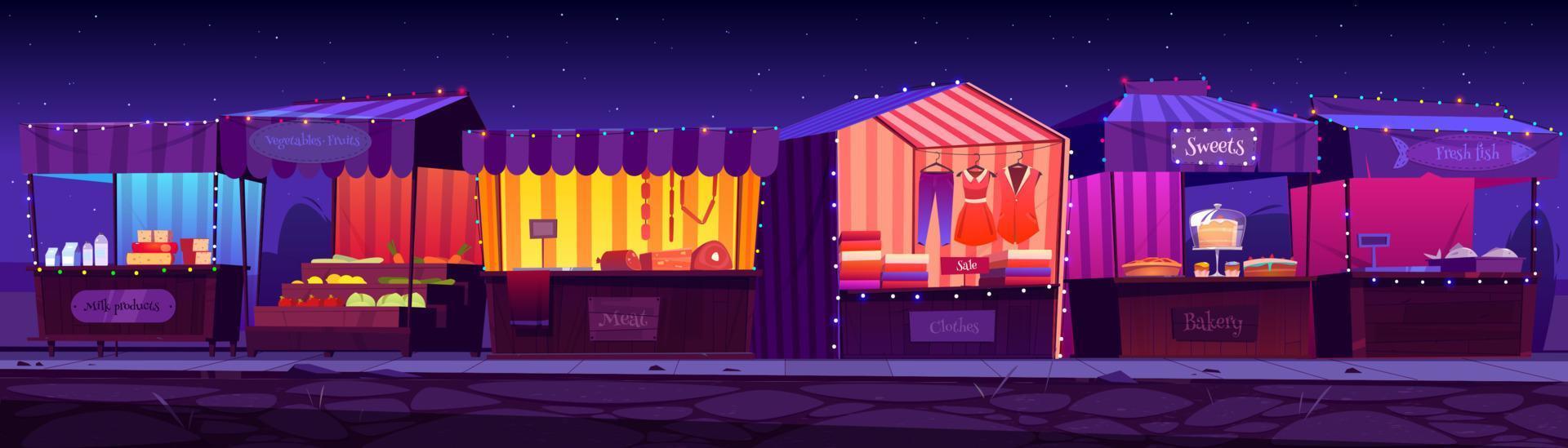 Night fair, outdoor market stalls, booths kiosks vector