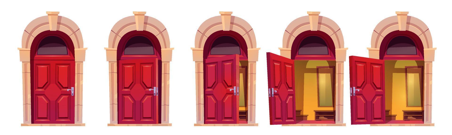 Opening red front door with stone arch vector