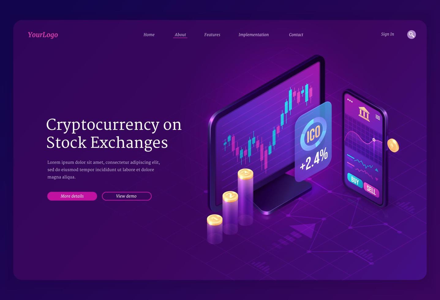 Cryptocurrency exchange market isometric landing vector