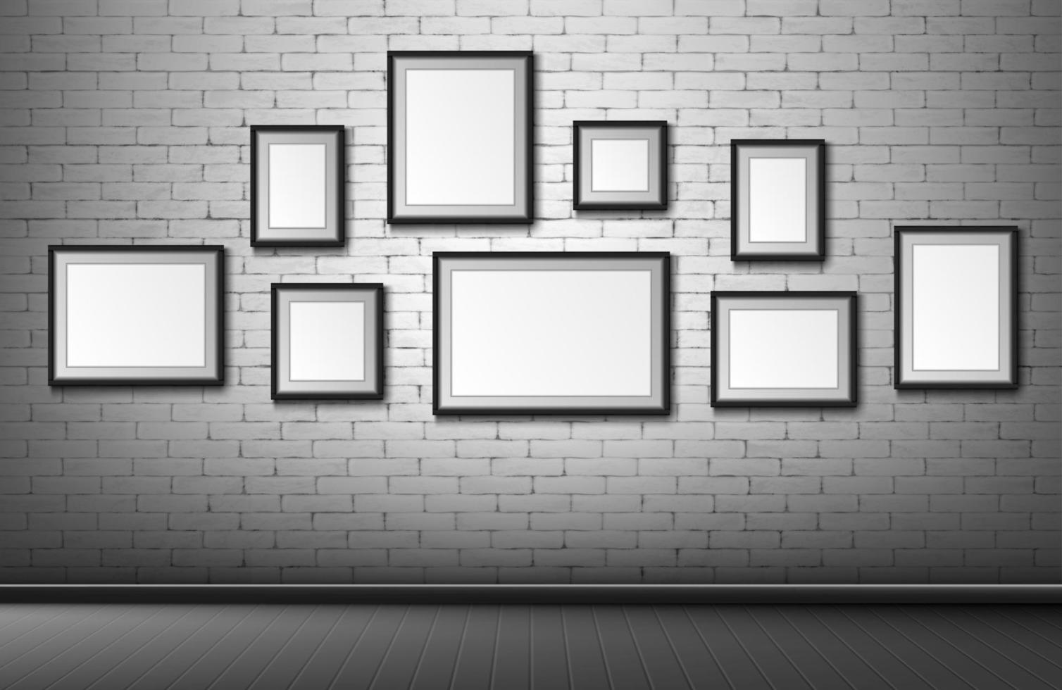 Blank frames on brick wall background, borders vector